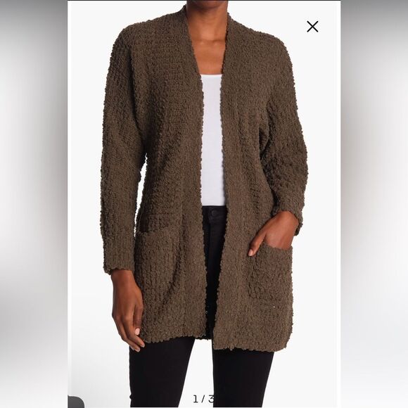 Sz M, Bobeau Olive Green Textured Popcorn Open Cardigan w pockets P2P=19.5“ - Picture 1 of 7